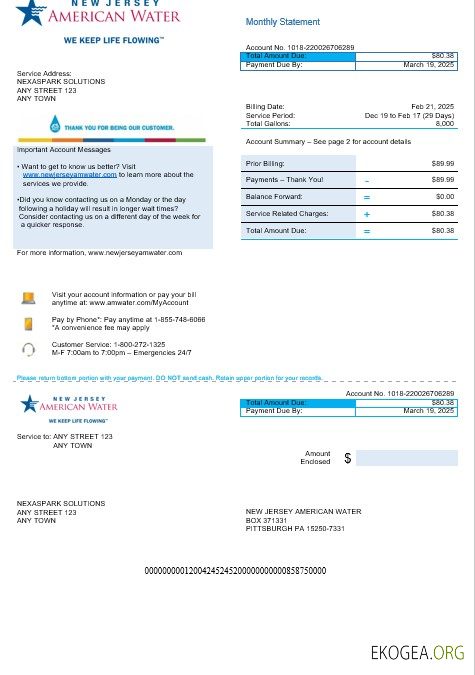 États Unis New Jersey Projet de loi américain sur les services publics de l'eau Modèle Word et PDF